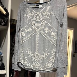 Gray and White Embroidered Women's Top